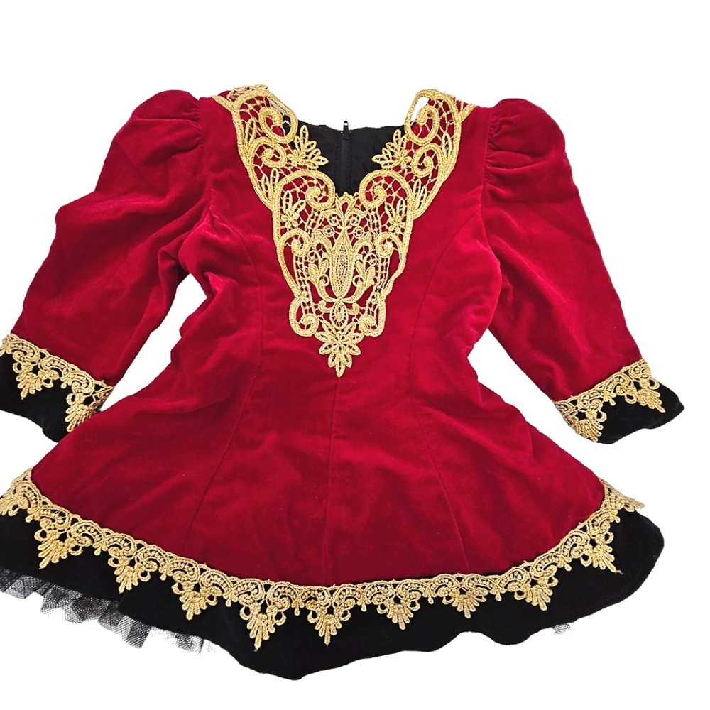 Hollywood Babe Toddler Girls Red Velvet/Gold  Embroidered Lace Longsleeve Dress